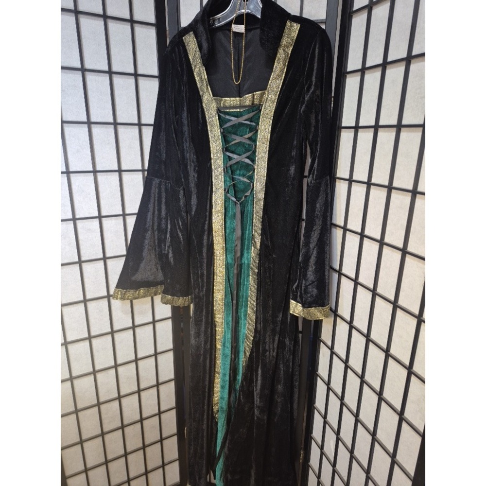 Medieval Renaissance Velvet Gown Black Green Gold Brocade Bell Sleeve Costume XL